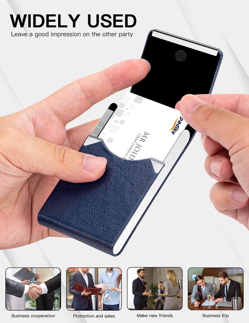 Padike Professional Business Card Holder PU Leather Business Card Case Name Card Holder Slim Metal Pocket Card Holder with Magnetic Shut (Z-Blue) - Image 5